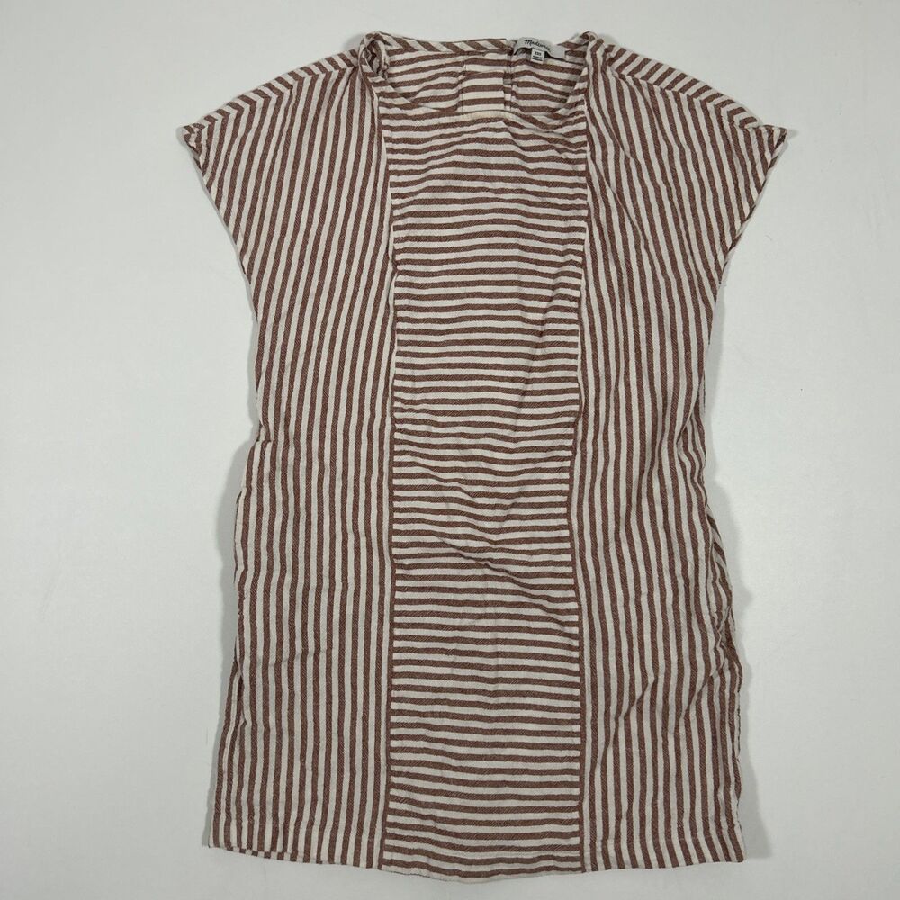 Madewell Linen Blend Stripe ButtonBack Mini Shift Dress w/ Pockets XXS Rust